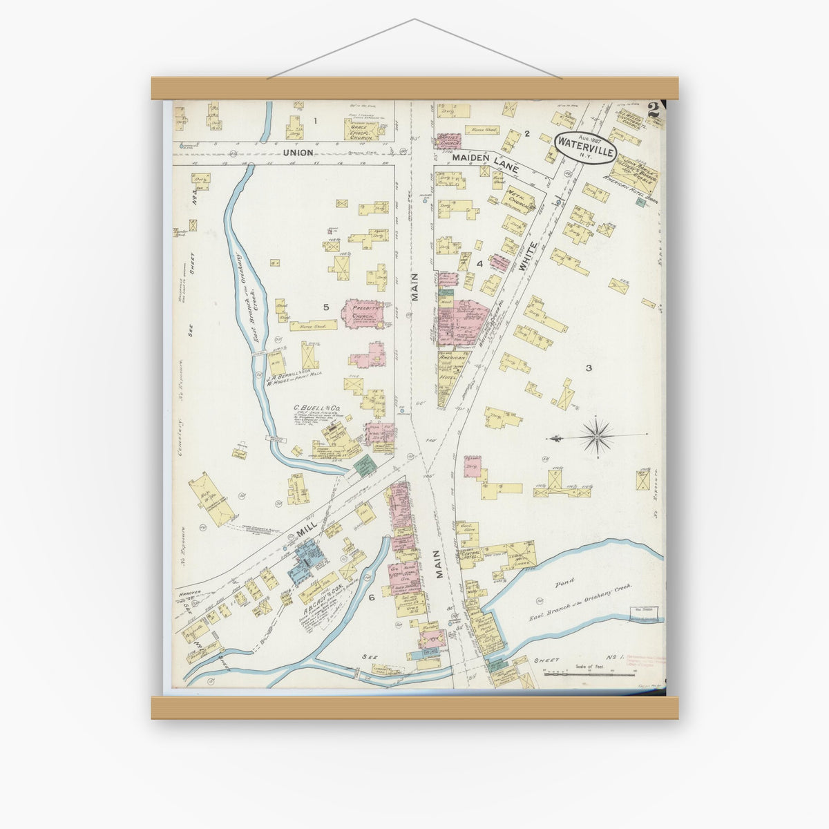 Old map wall art mockup — magnetic wood frame on white wall — Sanborn Fire Insurance Map from Waterville, Oneida County, New York (1887), Sheet #0002
