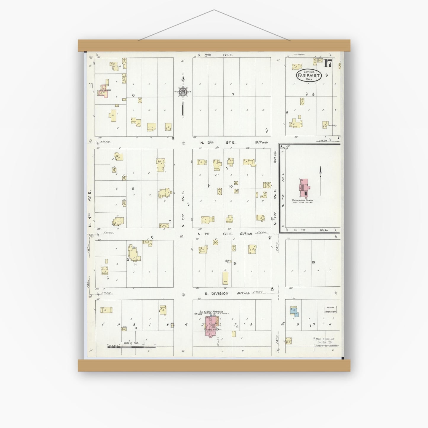 Old map wall art mockup — magnetic wood frame on white wall — Sanborn Fire Insurance Map from Faribault, Rice County, Minnesota (1914), Sheet #0017