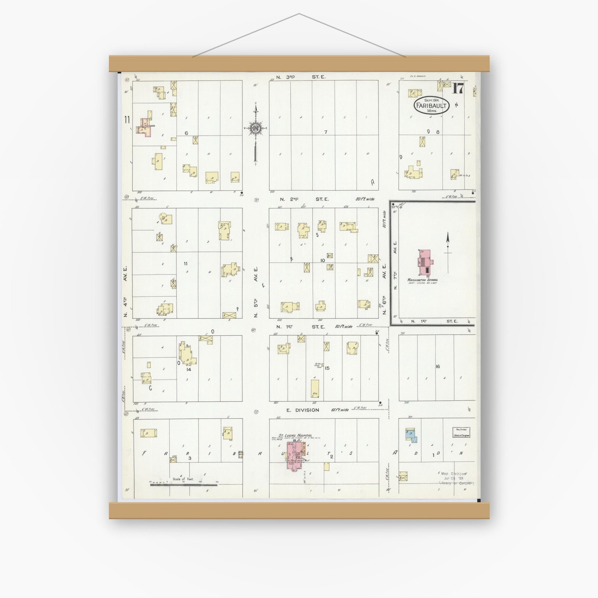 Old map wall art mockup — magnetic wood frame on white wall — Sanborn Fire Insurance Map from Faribault, Rice County, Minnesota (1914), Sheet #0017