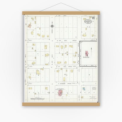 Old map wall art mockup — magnetic wood frame on white wall — Sanborn Fire Insurance Map from Faribault, Rice County, Minnesota (1914), Sheet #0017