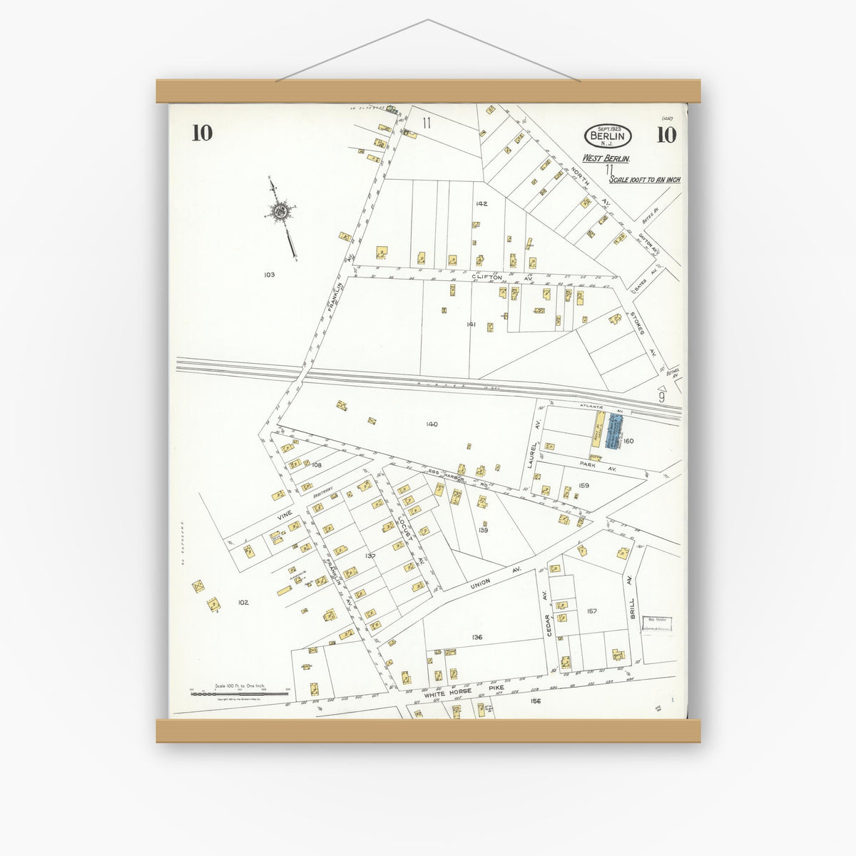 Old map wall art mockup — magnetic wood frame on white wall — Sanborn Fire Insurance Map from Berlin, Camden County, New Jersey (1923), Sheet #0010