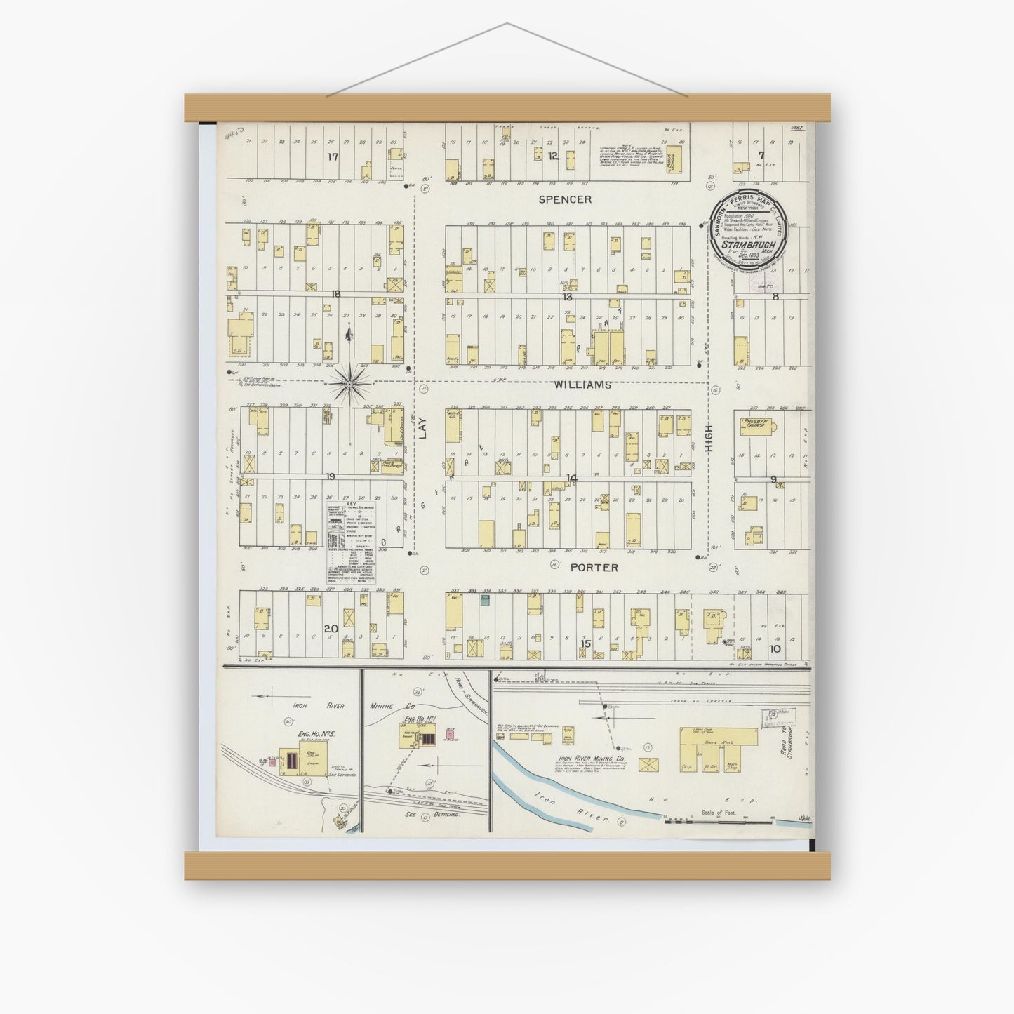Old map wall art mockup — magnetic wood frame on white wall — Sanborn Fire Insurance Map from Stambaugh, Iron County, Michigan (1893), Sheet #0001