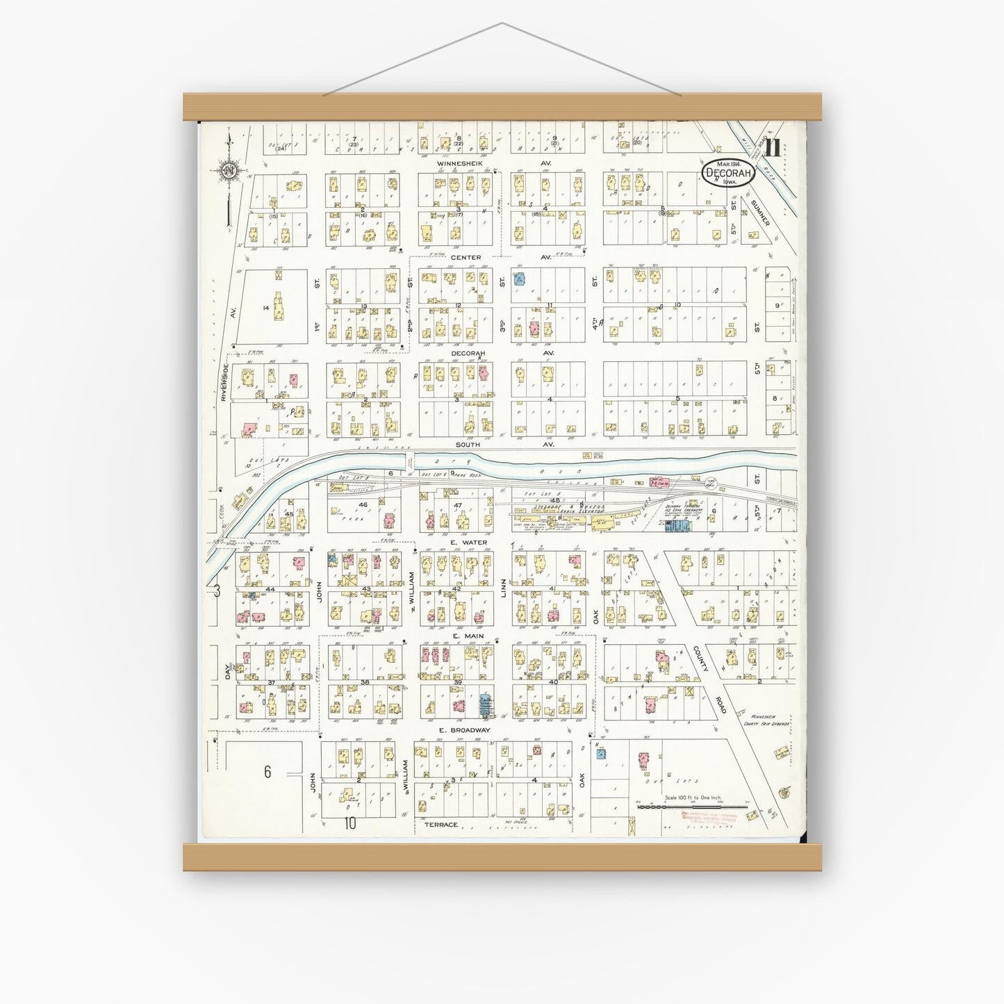 Old map wall art mockup — magnetic wood frame on white wall — Sanborn Fire Insurance Map from Decorah, Winneshiek County, Iowa (1914), Sheet #0011
