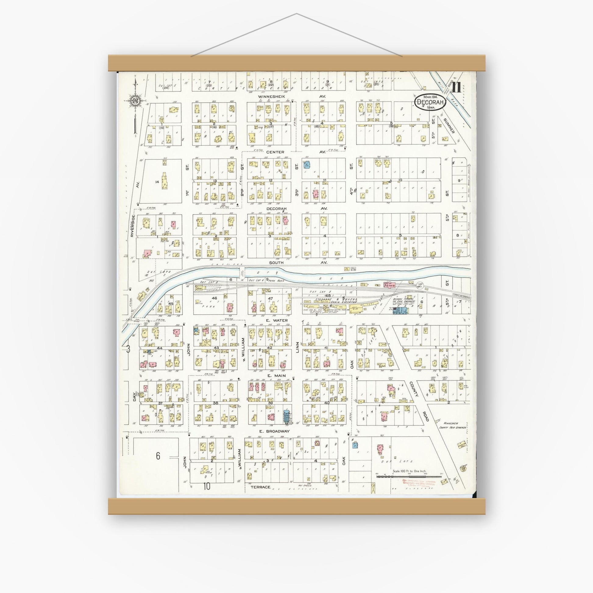 Old map wall art mockup — magnetic wood frame on white wall — Sanborn Fire Insurance Map from Decorah, Winneshiek County, Iowa (1914), Sheet #0011