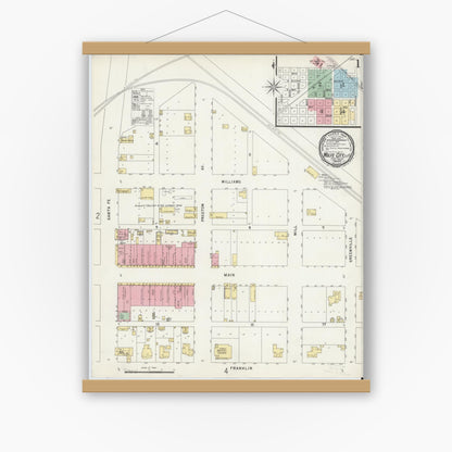 Old map wall art mockup — magnetic wood frame on white wall — Sanborn Fire Insurance Map from Wolfe City, Hunt County, Texas (1896) - Complete Map Set
