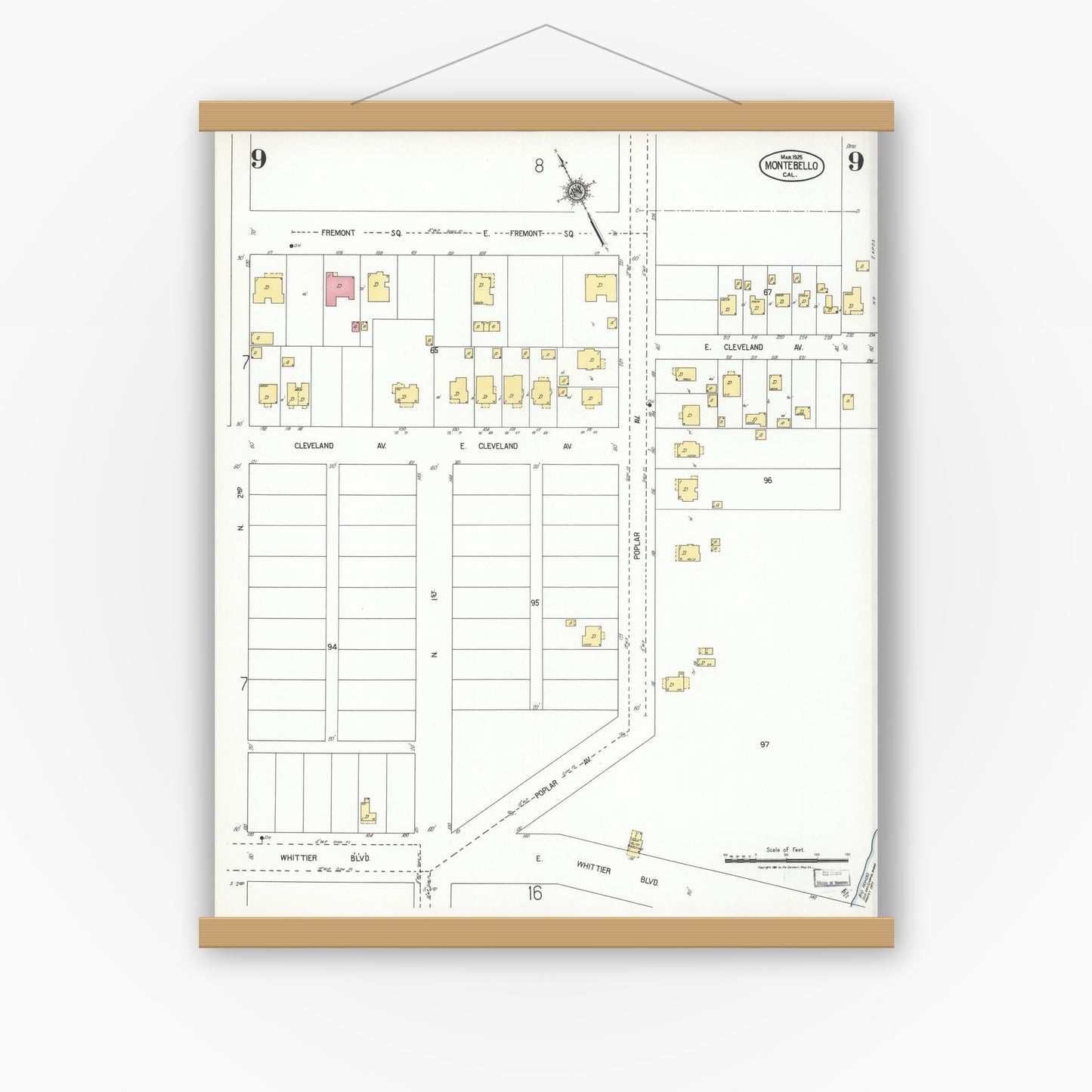 Old map wall art mockup — magnetic wood frame on white wall — Sanborn Fire Insurance Map from Montebello, Los Angeles County, California (1925), Sheet #0009