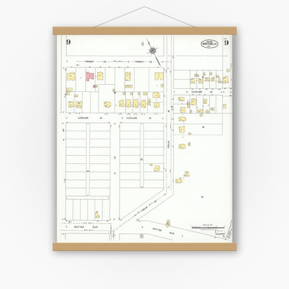 Old map wall art mockup — magnetic wood frame on white wall — Sanborn Fire Insurance Map from Montebello, Los Angeles County, California (1925), Sheet #0009