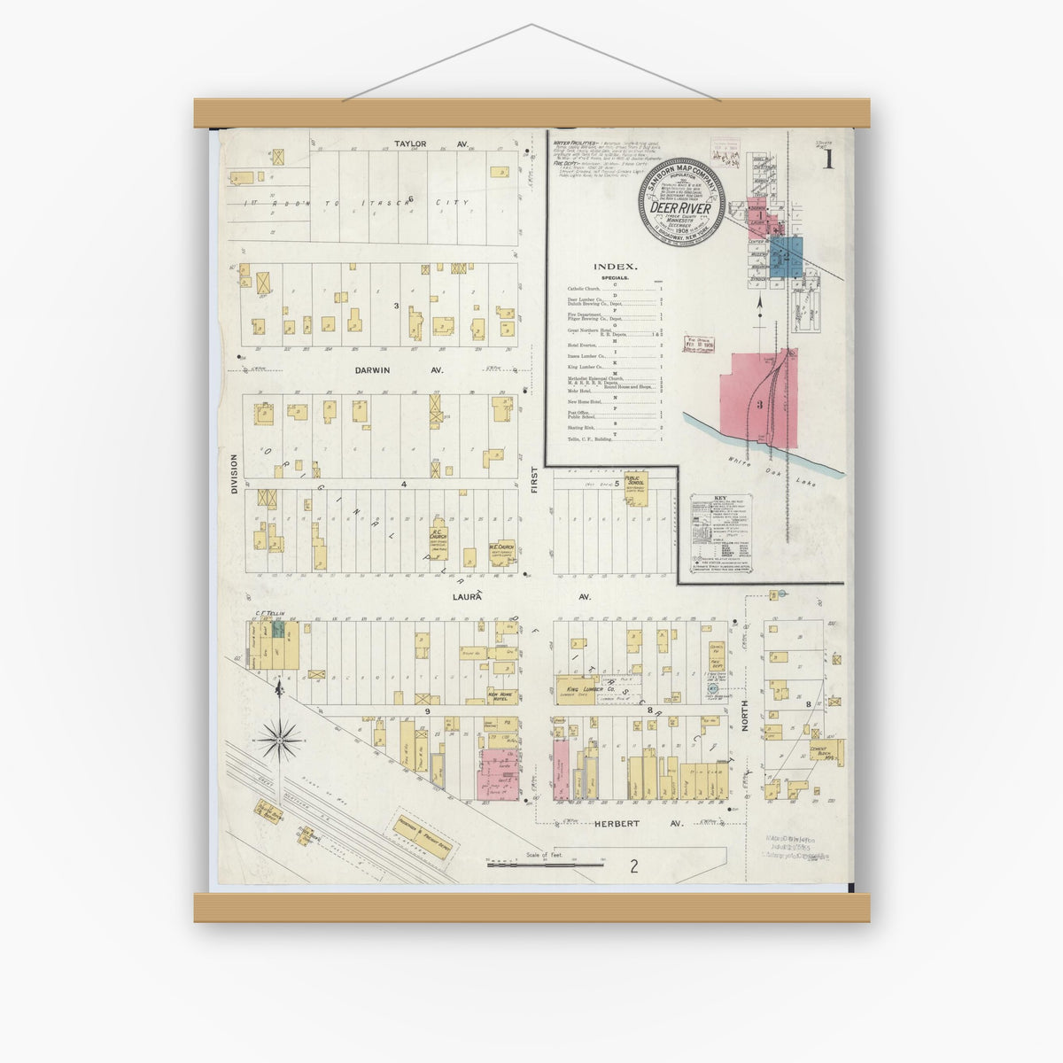 Old map wall art mockup — magnetic wood frame on white wall — Sanborn Fire Insurance Map from Deer River, Itasca County, Minnesota (1908) - Complete Map Set