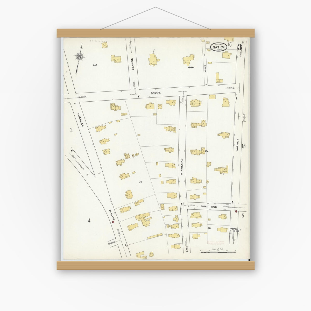 Old map wall art mockup — magnetic wood frame on white wall — Sanborn Fire Insurance Map from Natick, Middlesex County, Massachusetts (1915), Sheet #0003