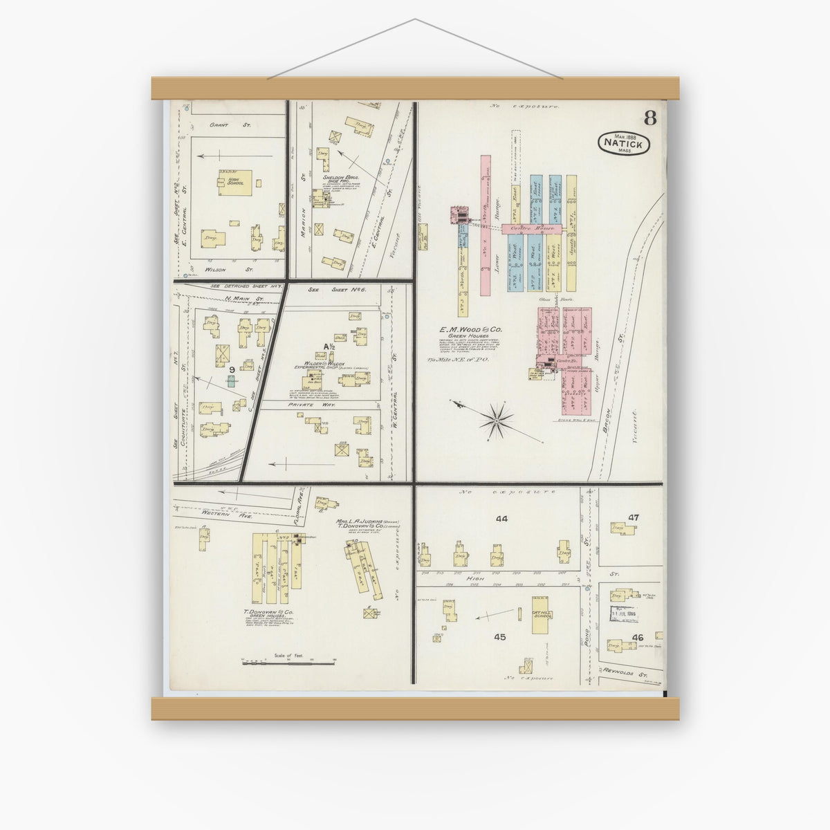 Old map wall art mockup — magnetic wood frame on white wall — Sanborn Fire Insurance Map from Natick, Middlesex County, Massachusetts (1888), Sheet #0008