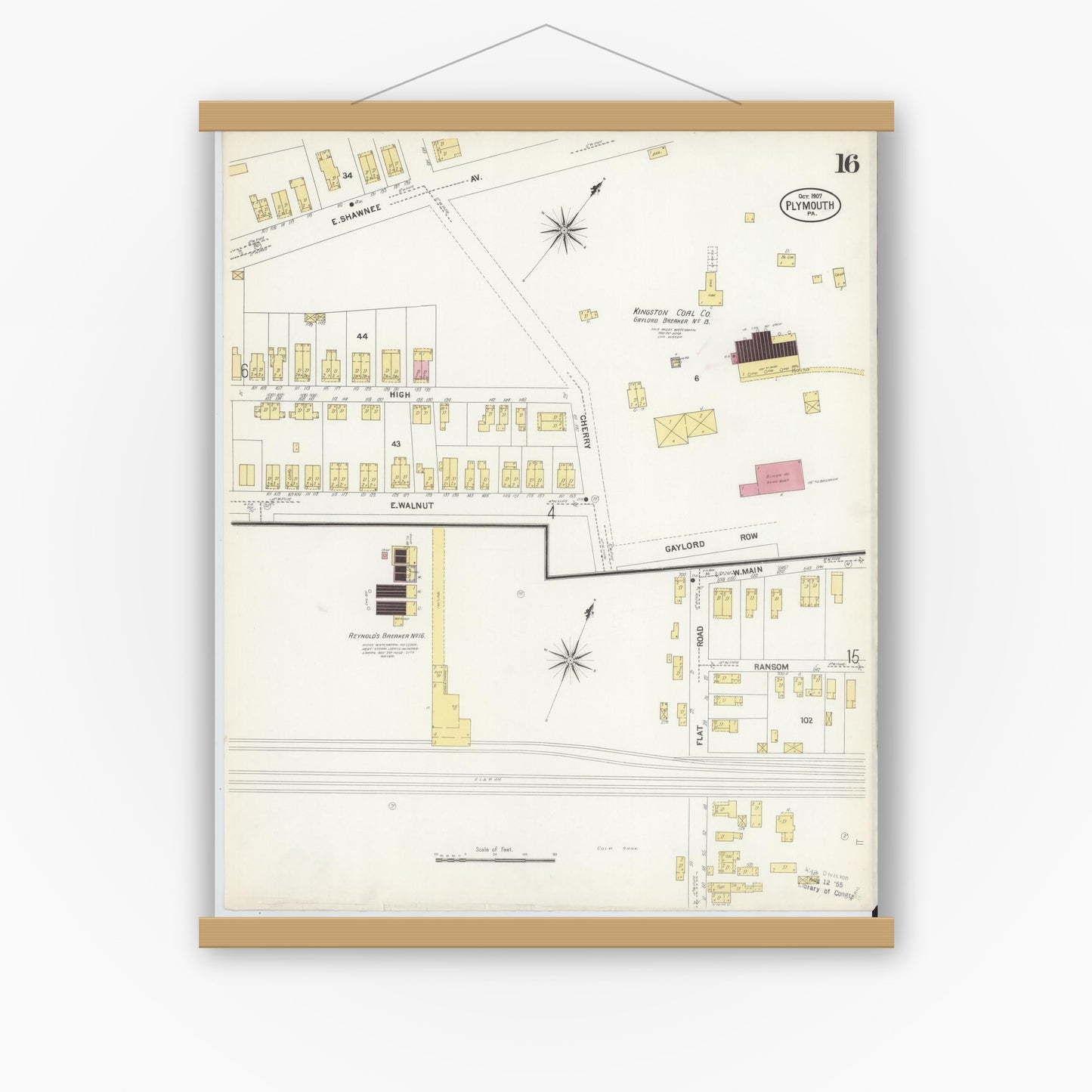 Old map wall art mockup — magnetic wood frame on white wall — Sanborn Fire Insurance Map from Plymouth, Luzerne County, Pennsylvania (1907), Sheet #0016
