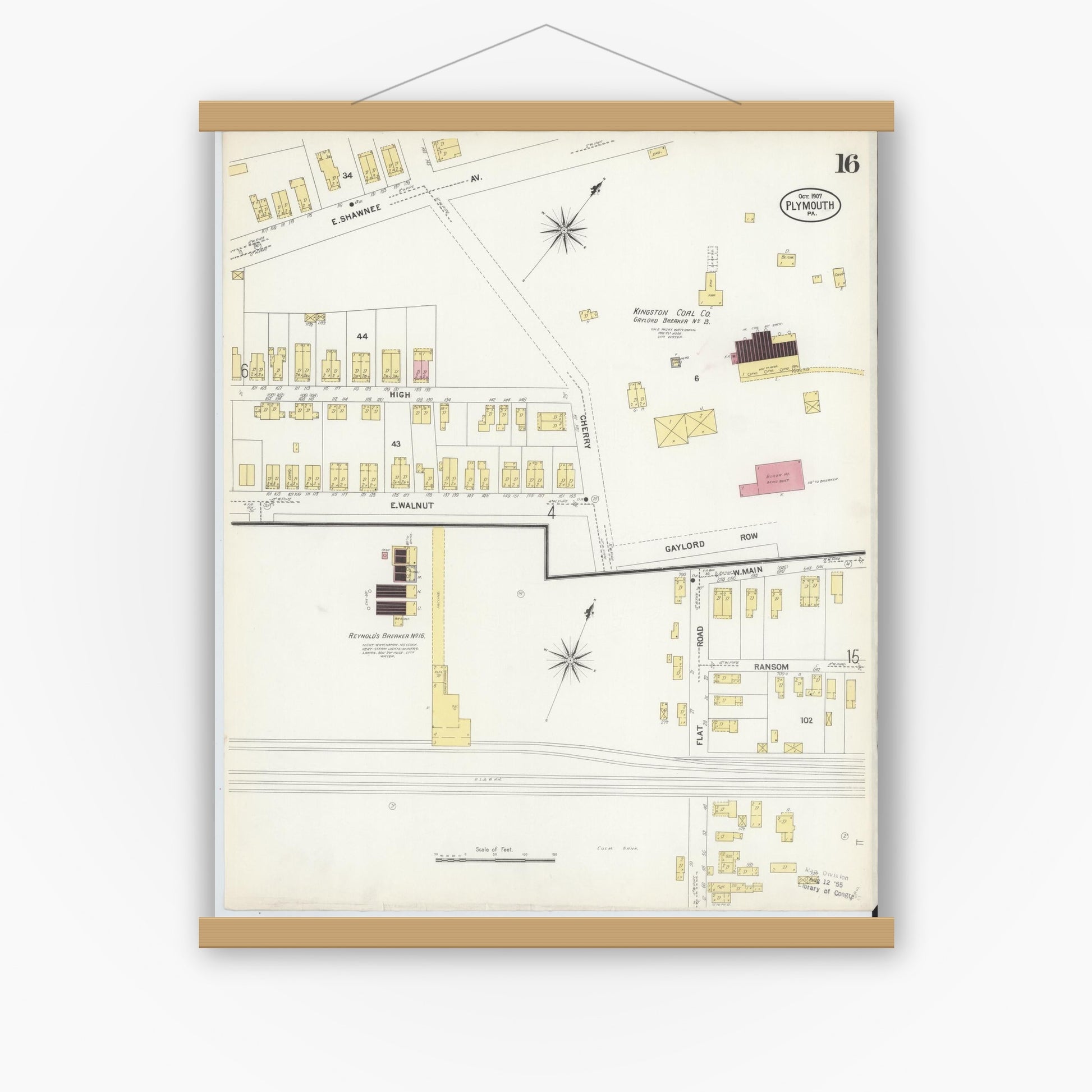Old map wall art mockup — magnetic wood frame on white wall — Sanborn Fire Insurance Map from Plymouth, Luzerne County, Pennsylvania (1907), Sheet #0016