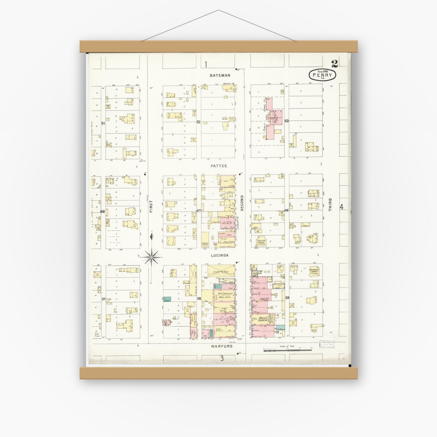 Old map wall art mockup — magnetic wood frame on white wall — Sanborn Fire Insurance Map from Perry, Dallas County, Iowa (1896), Sheet #0002