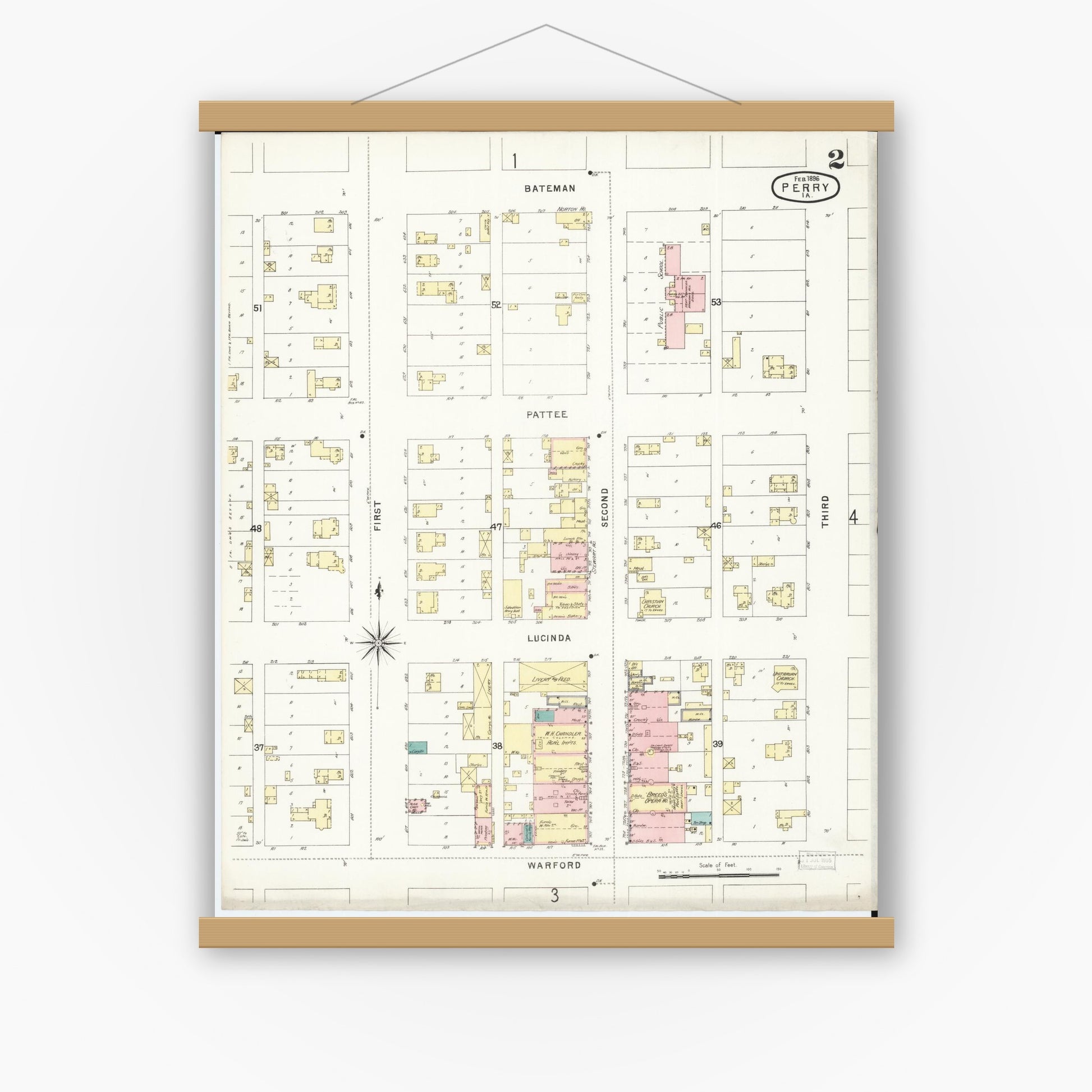 Old map wall art mockup — magnetic wood frame on white wall — Sanborn Fire Insurance Map from Perry, Dallas County, Iowa (1896), Sheet #0002