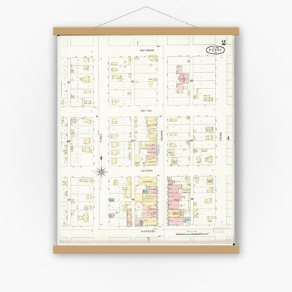 Old map wall art mockup — magnetic wood frame on white wall — Sanborn Fire Insurance Map from Perry, Dallas County, Iowa (1896), Sheet #0002
