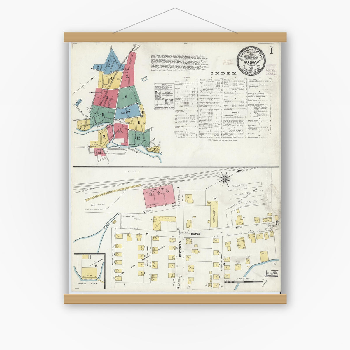 Old map wall art mockup — magnetic wood frame on white wall — Sanborn Fire Insurance Map from Ipswich, Essex County, Massachusetts (1907), Sheet #0001