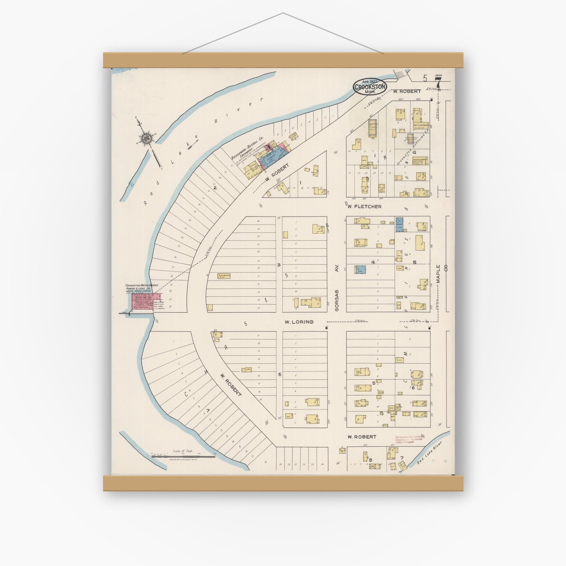 Old map wall art mockup — magnetic wood frame on white wall — Sanborn Fire Insurance Map from Crookston, Polk County, Minnesota (1922), Sheet #0007