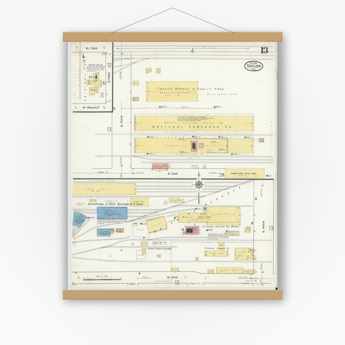 Old map wall art mockup — magnetic wood frame on white wall — Sanborn Fire Insurance Map from Taylor, Williamson County, Texas (1916), Sheet #0013