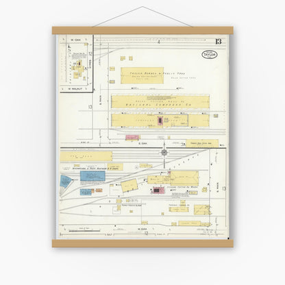 Old map wall art mockup — magnetic wood frame on white wall — Sanborn Fire Insurance Map from Taylor, Williamson County, Texas (1916), Sheet #0013