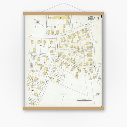 Old map wall art mockup — magnetic wood frame on white wall — Sanborn Fire Insurance Map from Peabody, Essex County, Massachusetts (1920), Sheet #0008