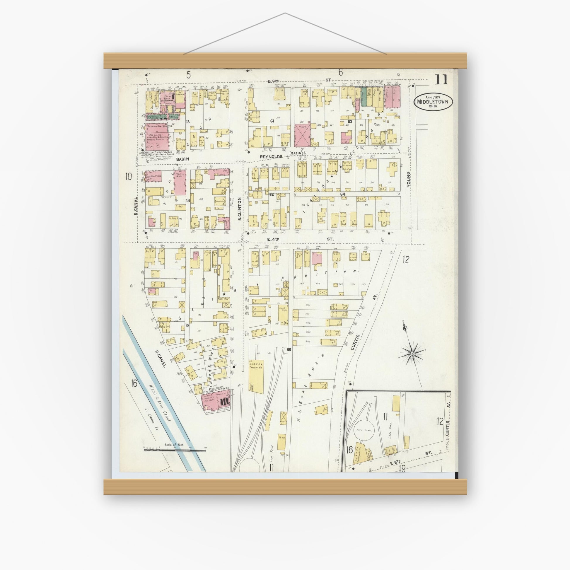 Old map wall art mockup — magnetic wood frame on white wall — Sanborn Fire Insurance Map from Middletown, Butler County, Ohio (1907), Sheet #0011
