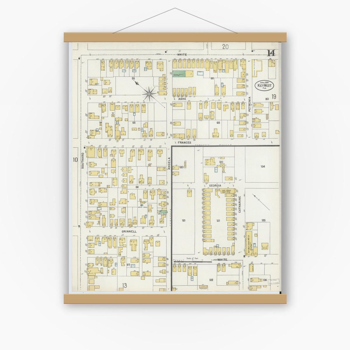 Old map wall art mockup — magnetic wood frame on white wall — Sanborn Fire Insurance Map from Key West, Monroe County, Florida (1899), Sheet #0014