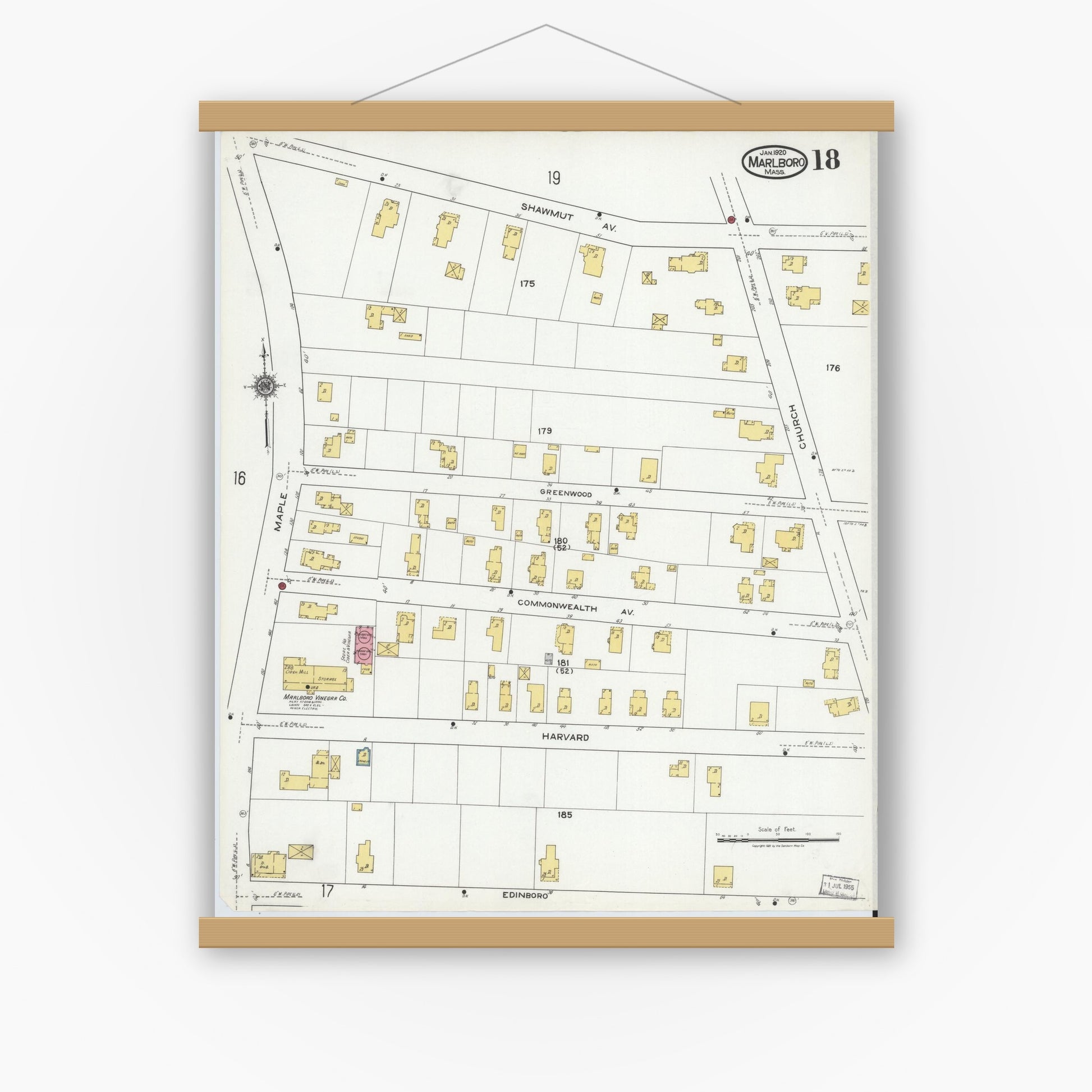 Old map wall art mockup — magnetic wood frame on white wall — Sanborn Fire Insurance Map from Marlborough, Middlesex County, Massachusetts (1920), Sheet #0018