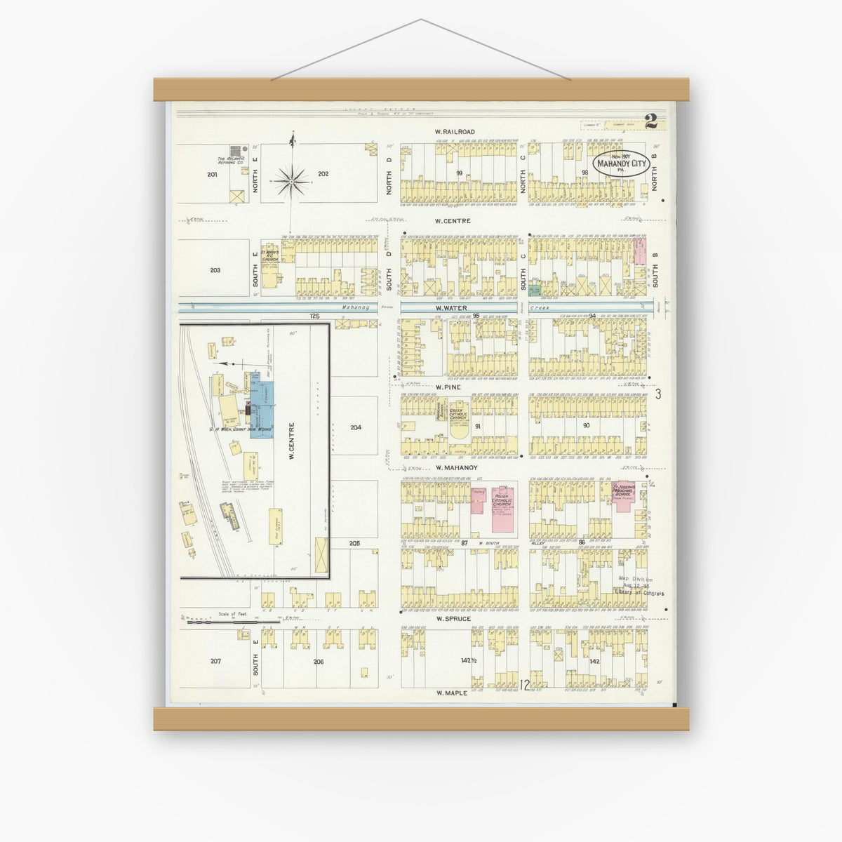 Old map wall art mockup — magnetic wood frame on white wall — Sanborn Fire Insurance Map from Mahanoy City, Schuylkill County, Pennsylvania (1907), Sheet #0002