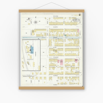 Old map wall art mockup — magnetic wood frame on white wall — Sanborn Fire Insurance Map from Mahanoy City, Schuylkill County, Pennsylvania (1907), Sheet #0002