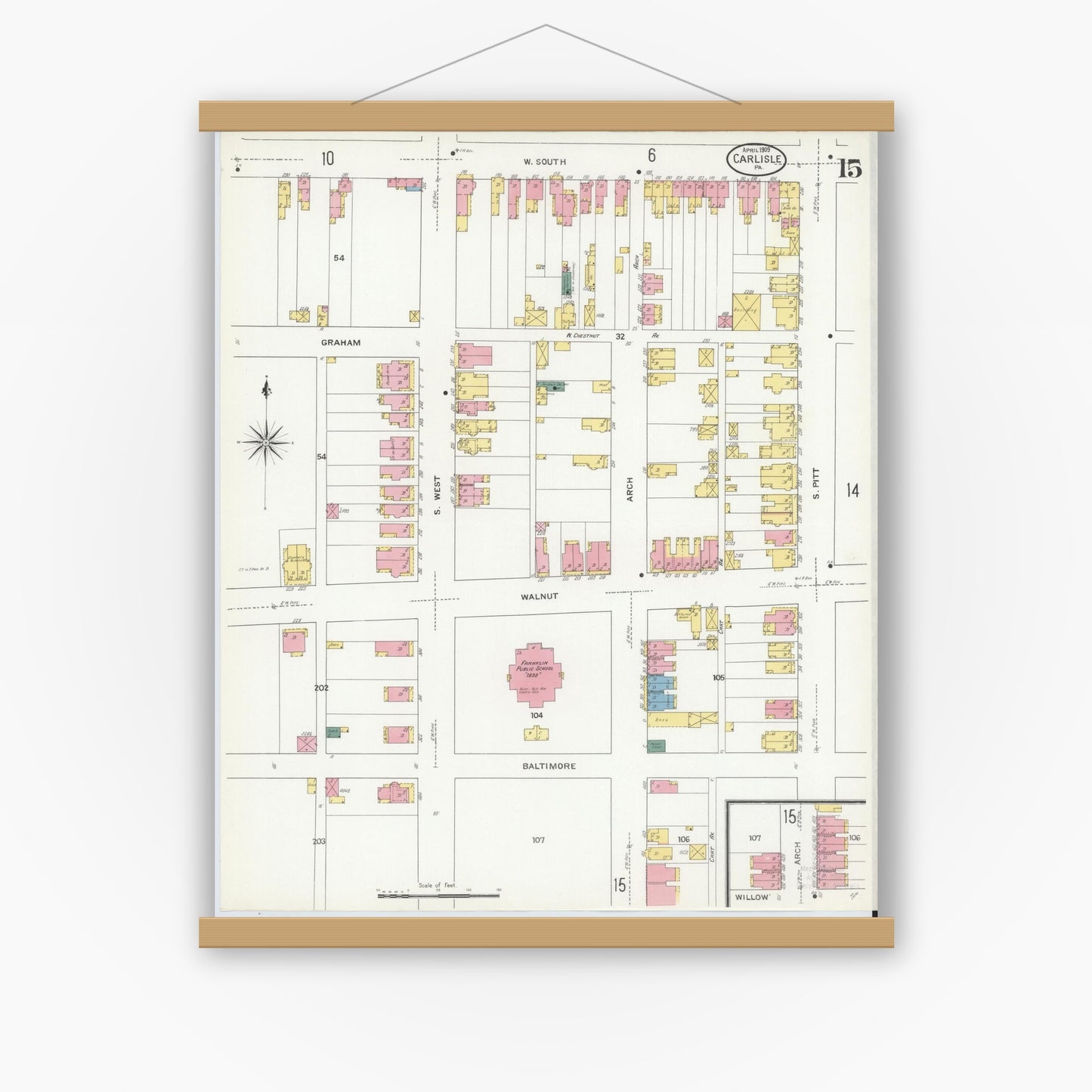 Old map wall art mockup — magnetic wood frame on white wall — Sanborn Fire Insurance Map from Carlisle, Cumberland County, Pennsylvania (1909), Sheet #0015