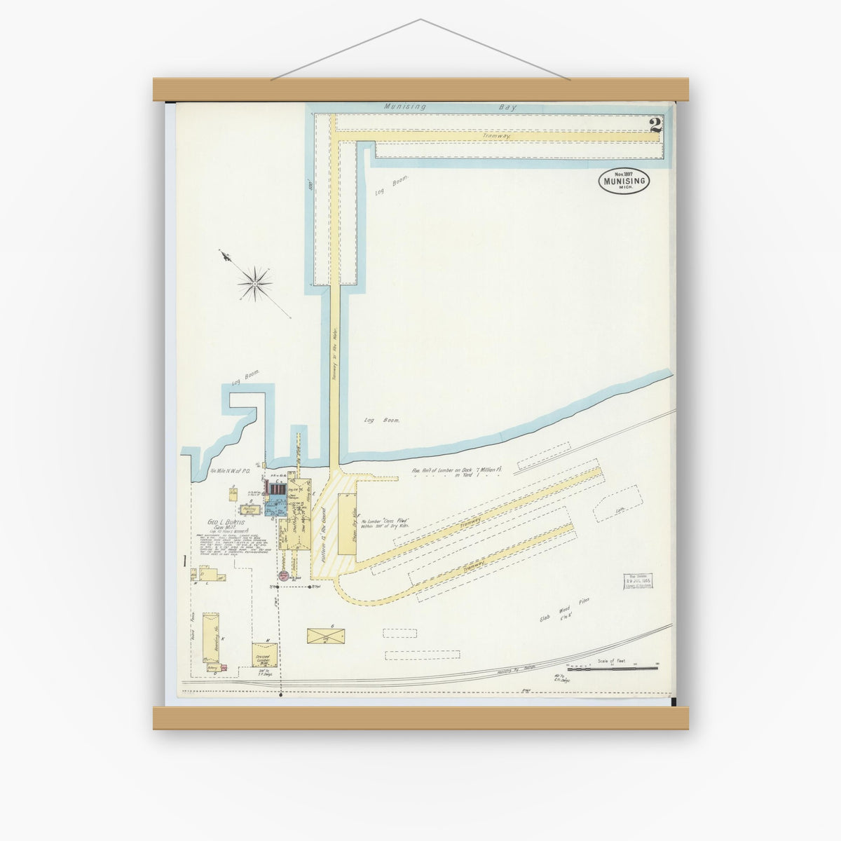 Old map wall art mockup — magnetic wood frame on white wall — Sanborn Fire Insurance Map from Munising, Alger County, Michigan (1897), Sheet #0002