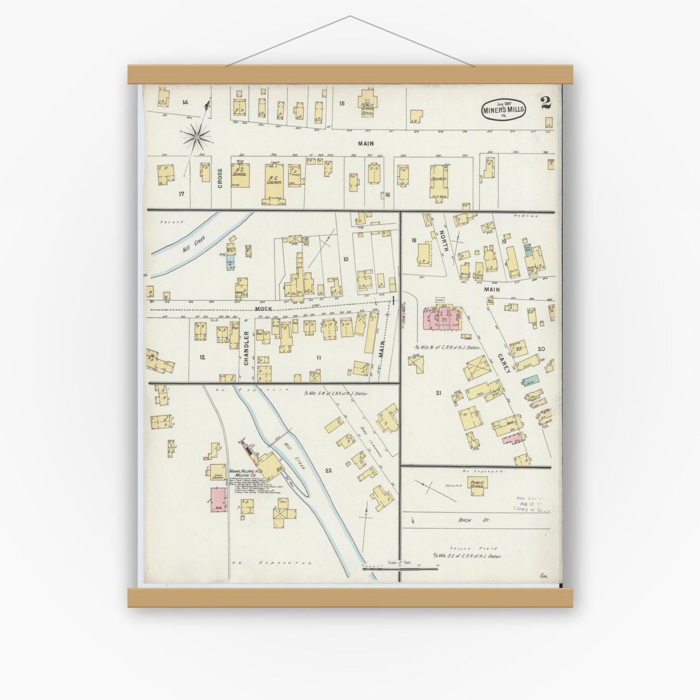 Old map wall art mockup — magnetic wood frame on white wall — Sanborn Fire Insurance Map from Miners Mills, Luzerne County, Pennsylvania (1897), Sheet #0002