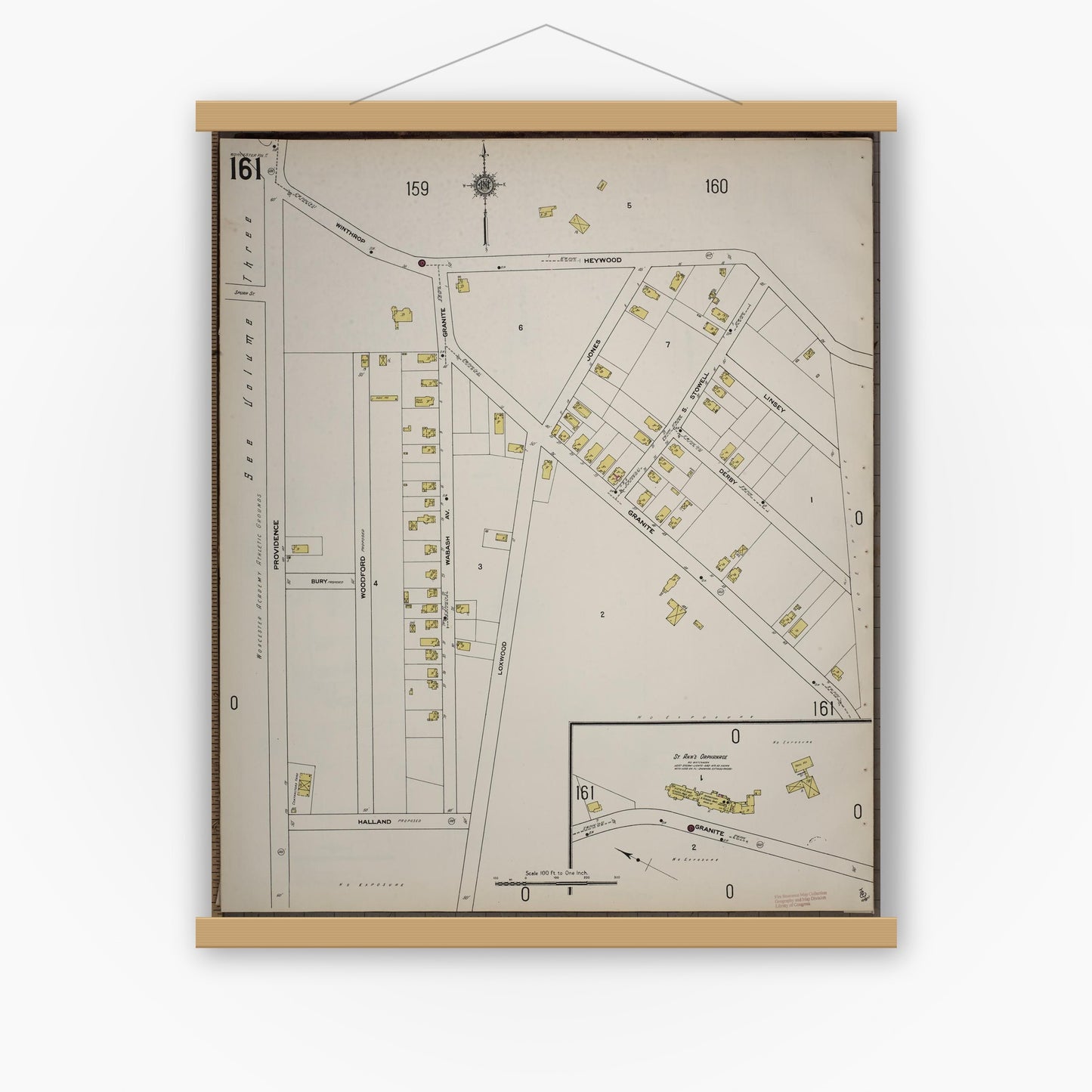 Old map wall art mockup — magnetic wood frame on white wall — Sanborn Fire Insurance Map from Worcester, Worcester County, Massachusetts (1910), Sheet #0161