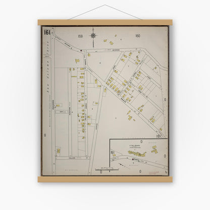 Old map wall art mockup — magnetic wood frame on white wall — Sanborn Fire Insurance Map from Worcester, Worcester County, Massachusetts (1910), Sheet #0161