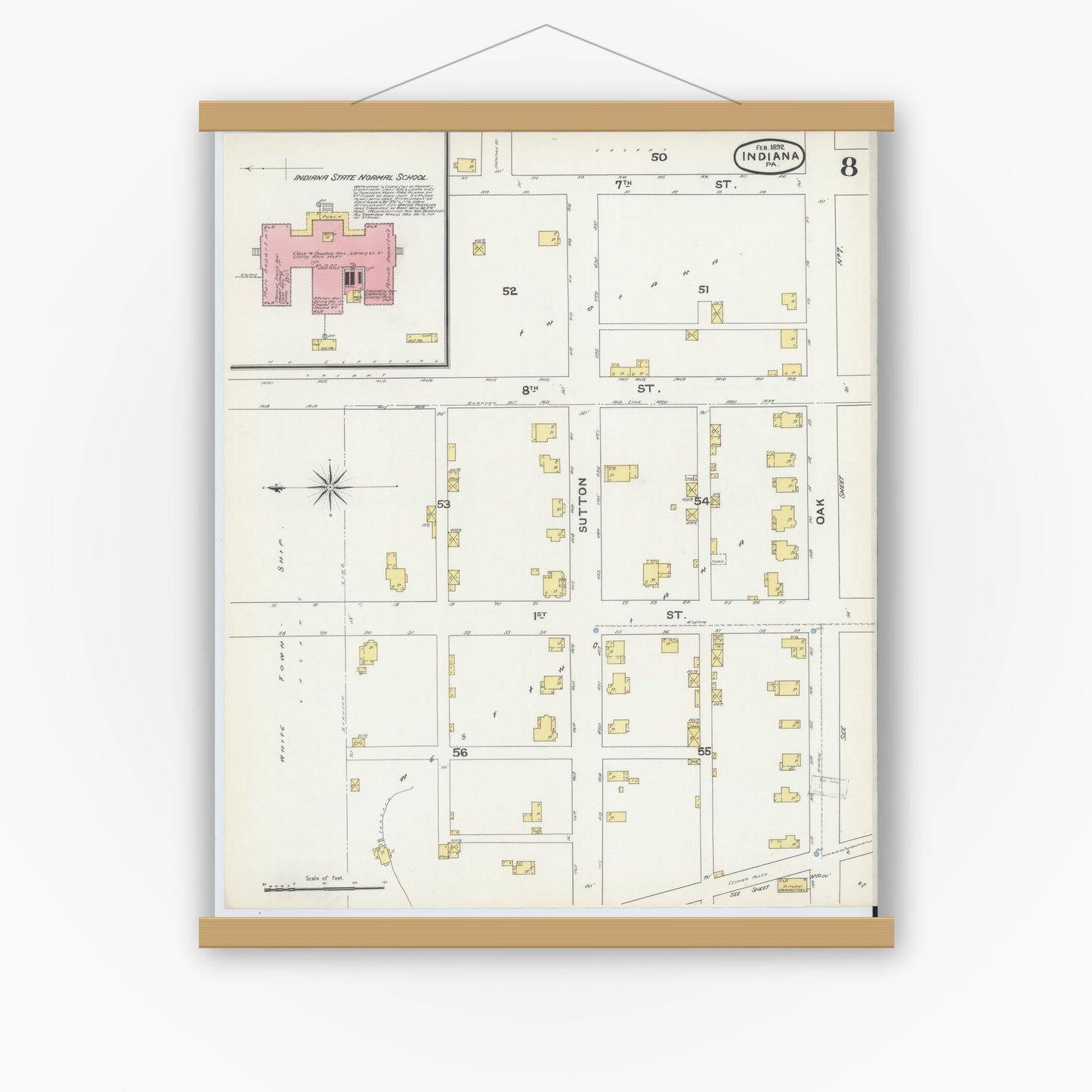 Old map wall art mockup — magnetic wood frame on white wall — Sanborn Fire Insurance Map from Indiana, Indiana County, Pennsylvania (1892), Sheet #0008