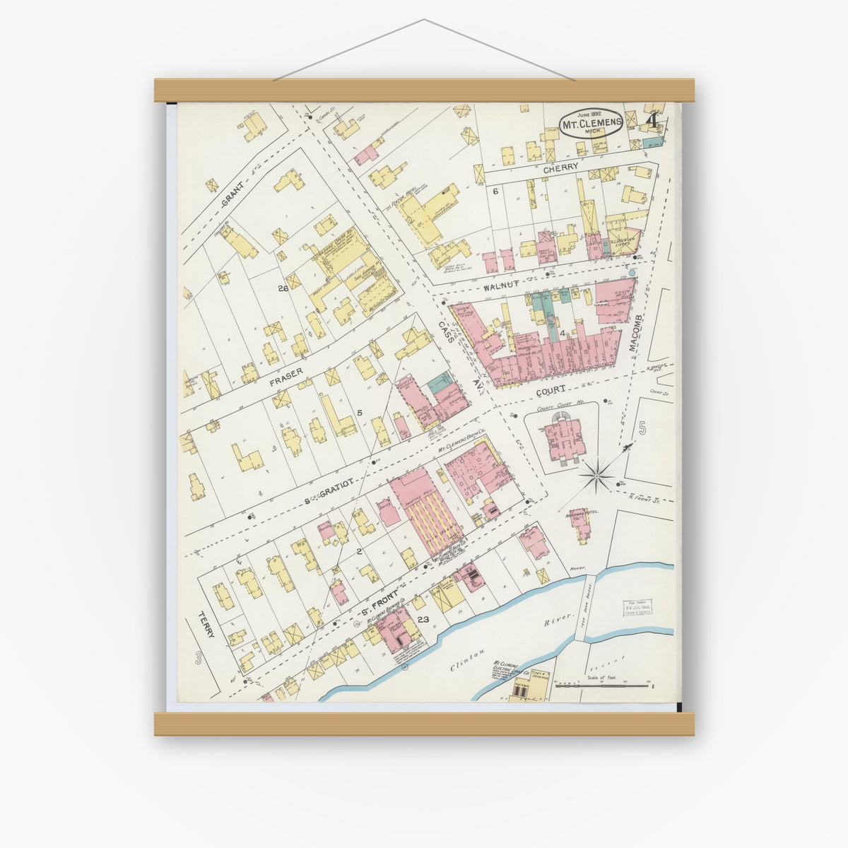 Old map wall art mockup — magnetic wood frame on white wall — Sanborn Fire Insurance Map from Mount Clemens, Macomb County, Michigan (1892), Sheet #0004