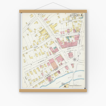 Old map wall art mockup — magnetic wood frame on white wall — Sanborn Fire Insurance Map from Mount Clemens, Macomb County, Michigan (1892), Sheet #0004