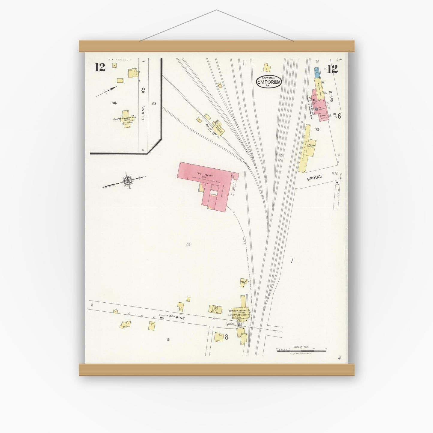 Old map wall art mockup — magnetic wood frame on white wall — Sanborn Fire Insurance Map from Emporium, Cameron County, Pennsylvania (1925), Sheet #0012