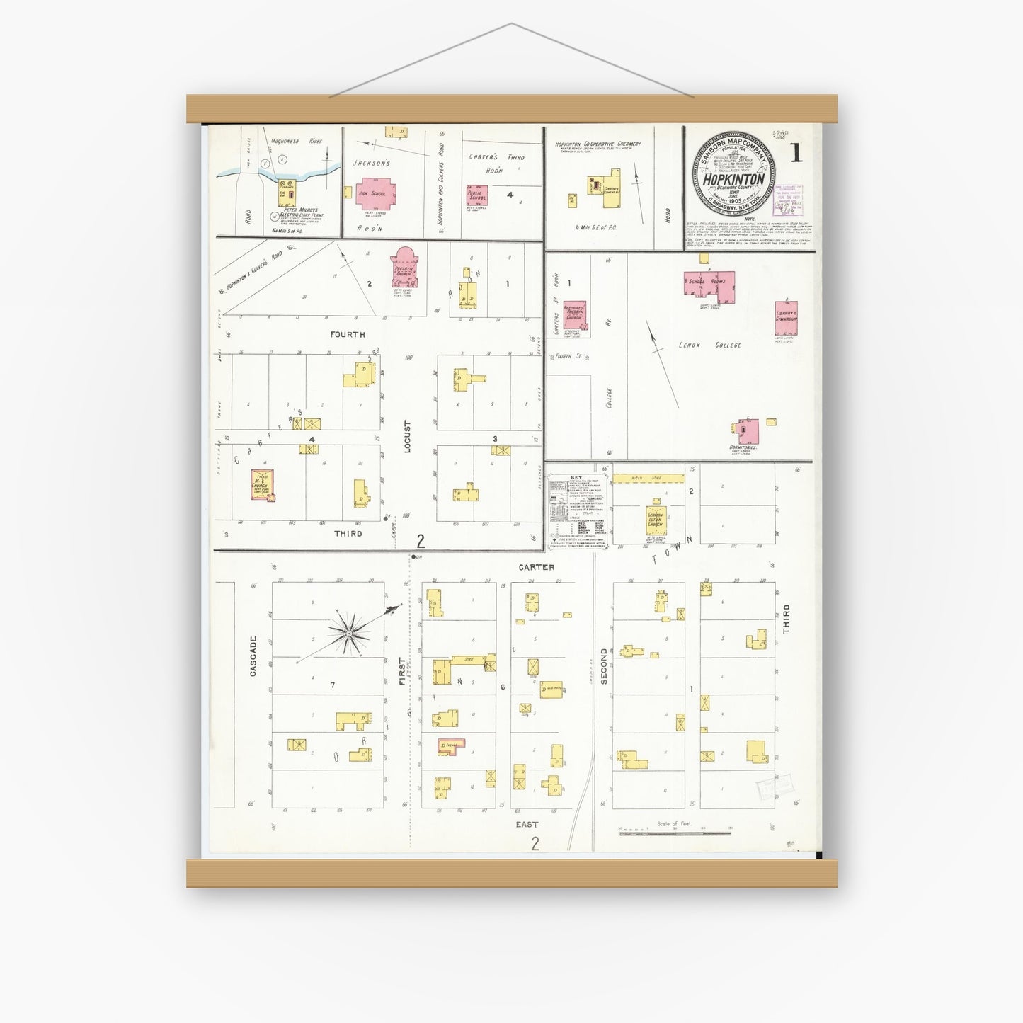 Old map wall art mockup — magnetic wood frame on white wall — Sanborn Fire Insurance Map from Hopkinton, Delaware County, Iowa (1905), Sheet #0001