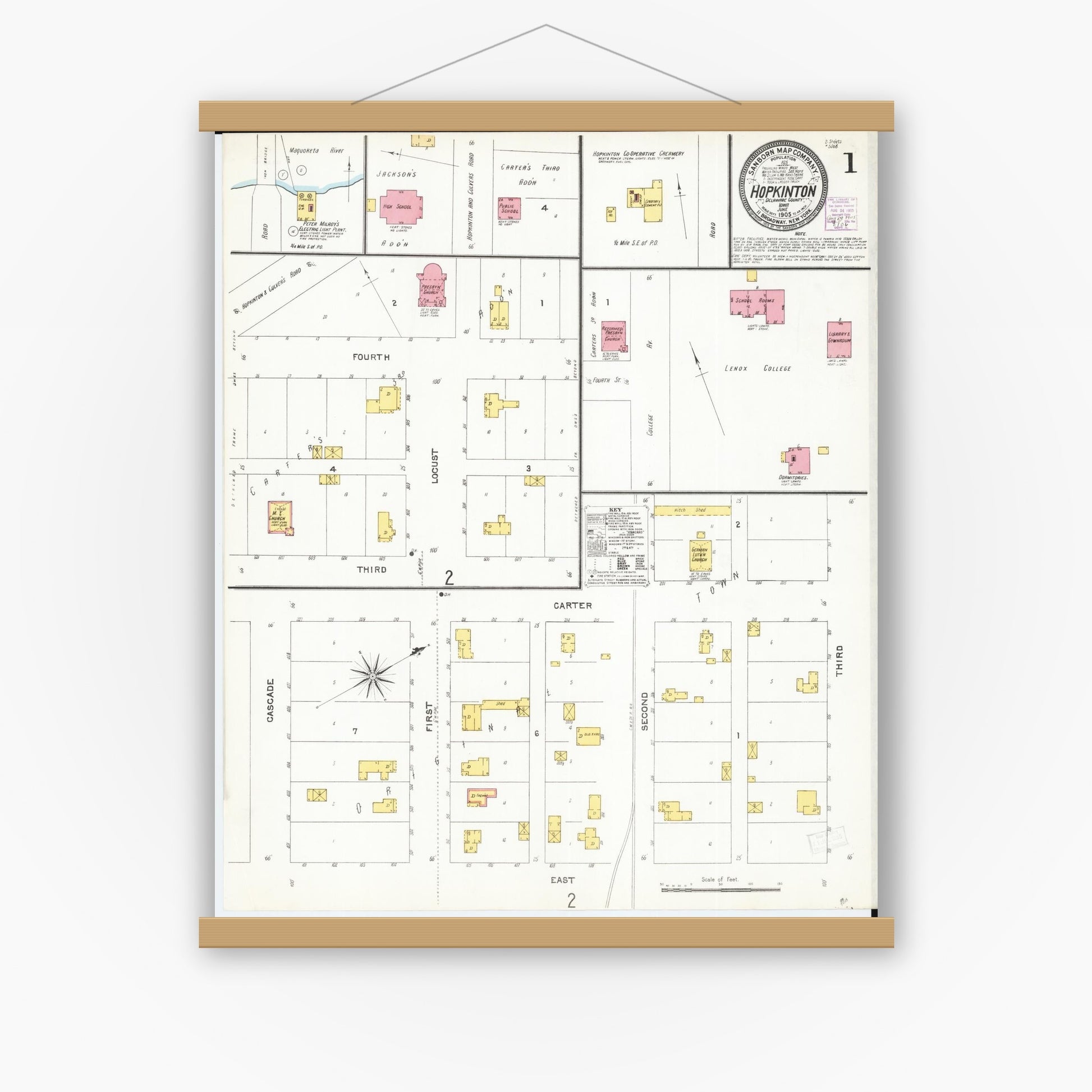 Old map wall art mockup — magnetic wood frame on white wall — Sanborn Fire Insurance Map from Hopkinton, Delaware County, Iowa (1905), Sheet #0001