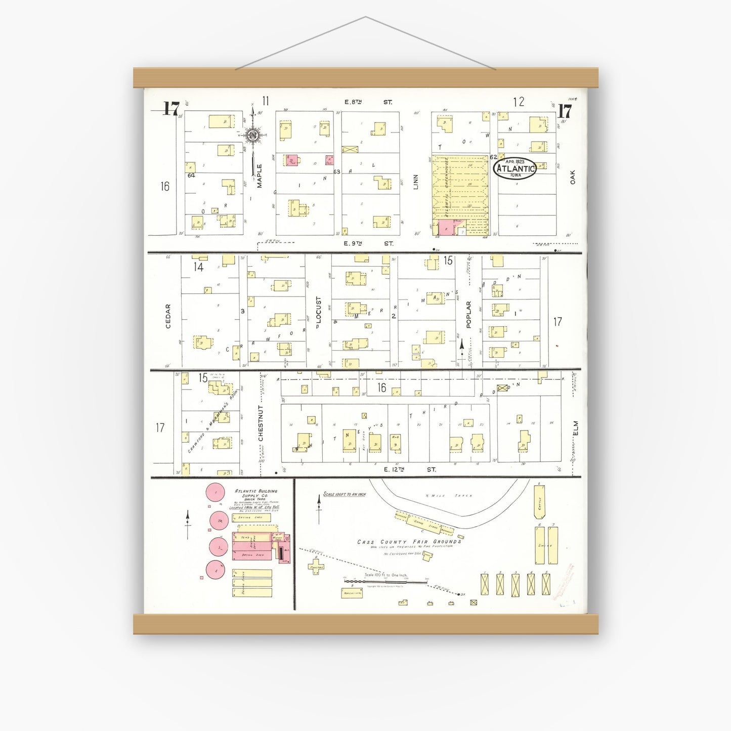 Old map wall art mockup — magnetic wood frame on white wall — Sanborn Fire Insurance Map from Atlantic, Cass County, Iowa (1923), Sheet #0017