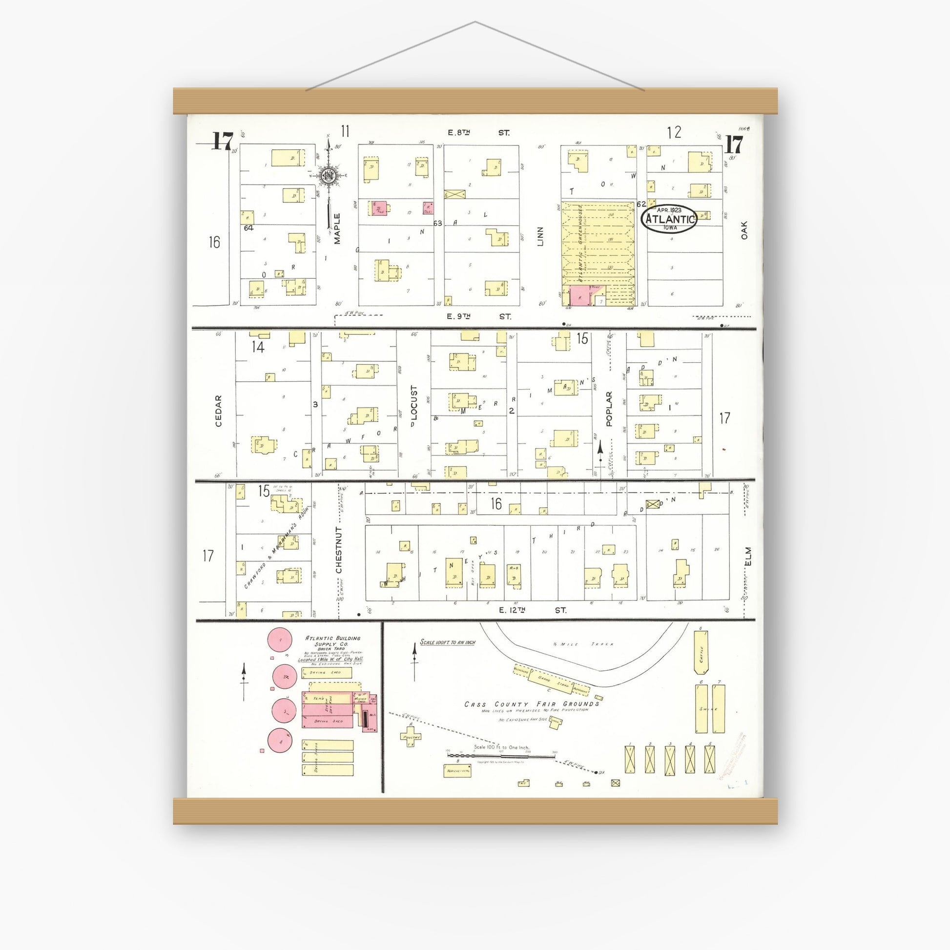 Old map wall art mockup — magnetic wood frame on white wall — Sanborn Fire Insurance Map from Atlantic, Cass County, Iowa (1923), Sheet #0017