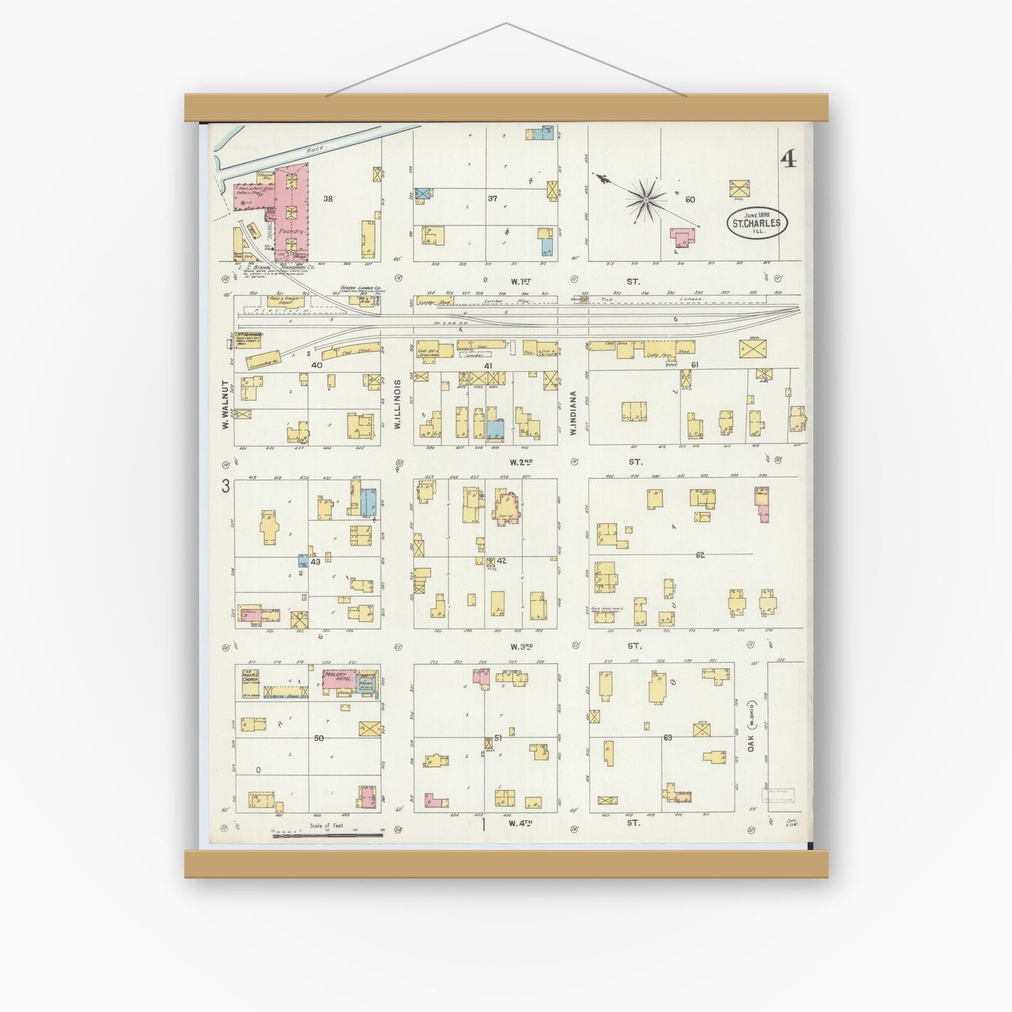 Old map wall art mockup — magnetic wood frame on white wall — Sanborn Fire Insurance Map from Saint Charles, Kane County, Illinois (1898), Sheet #0004