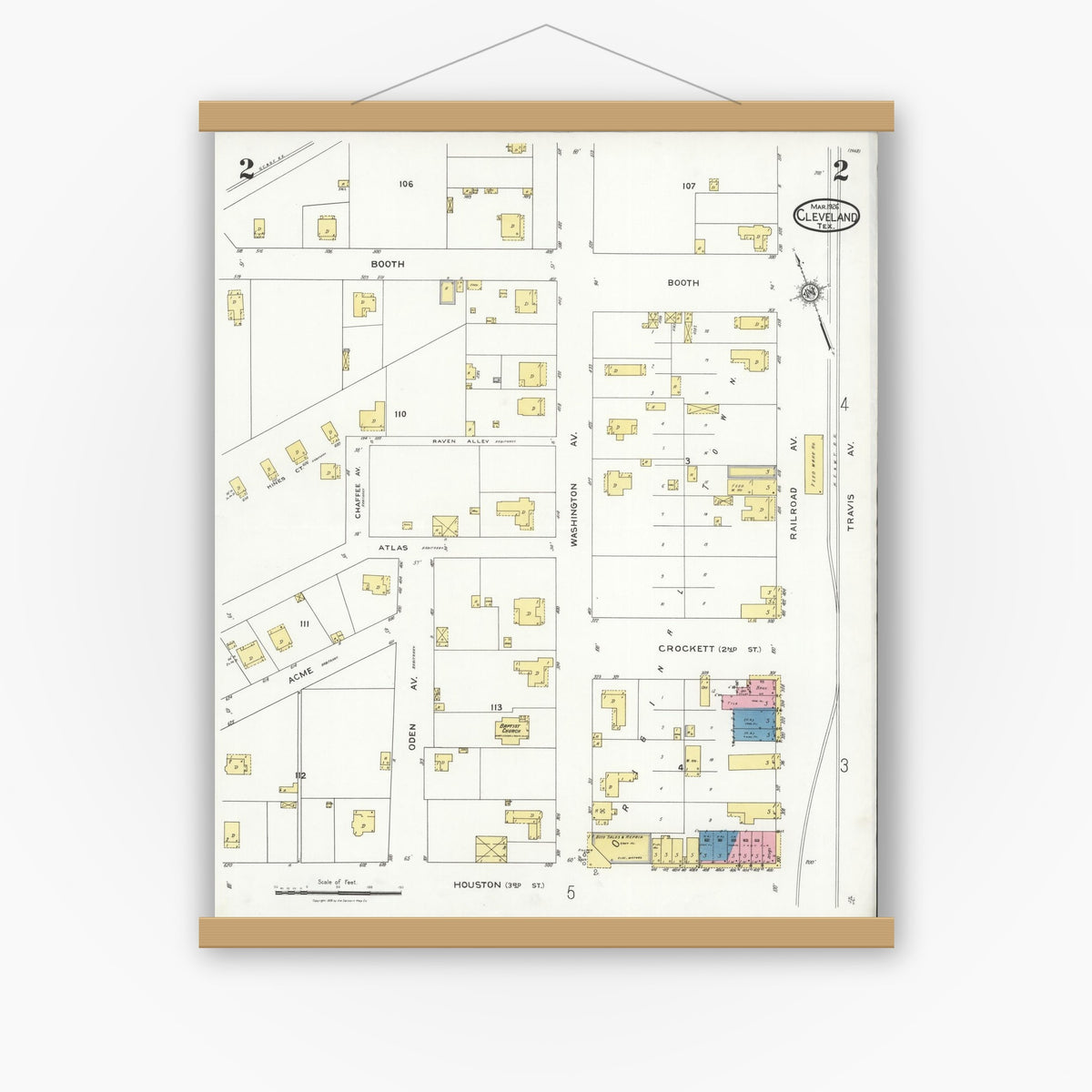 Old map wall art mockup — magnetic wood frame on white wall — Sanborn Fire Insurance Map from Cleveland, Liberty County, Texas (1926), Sheet #0002