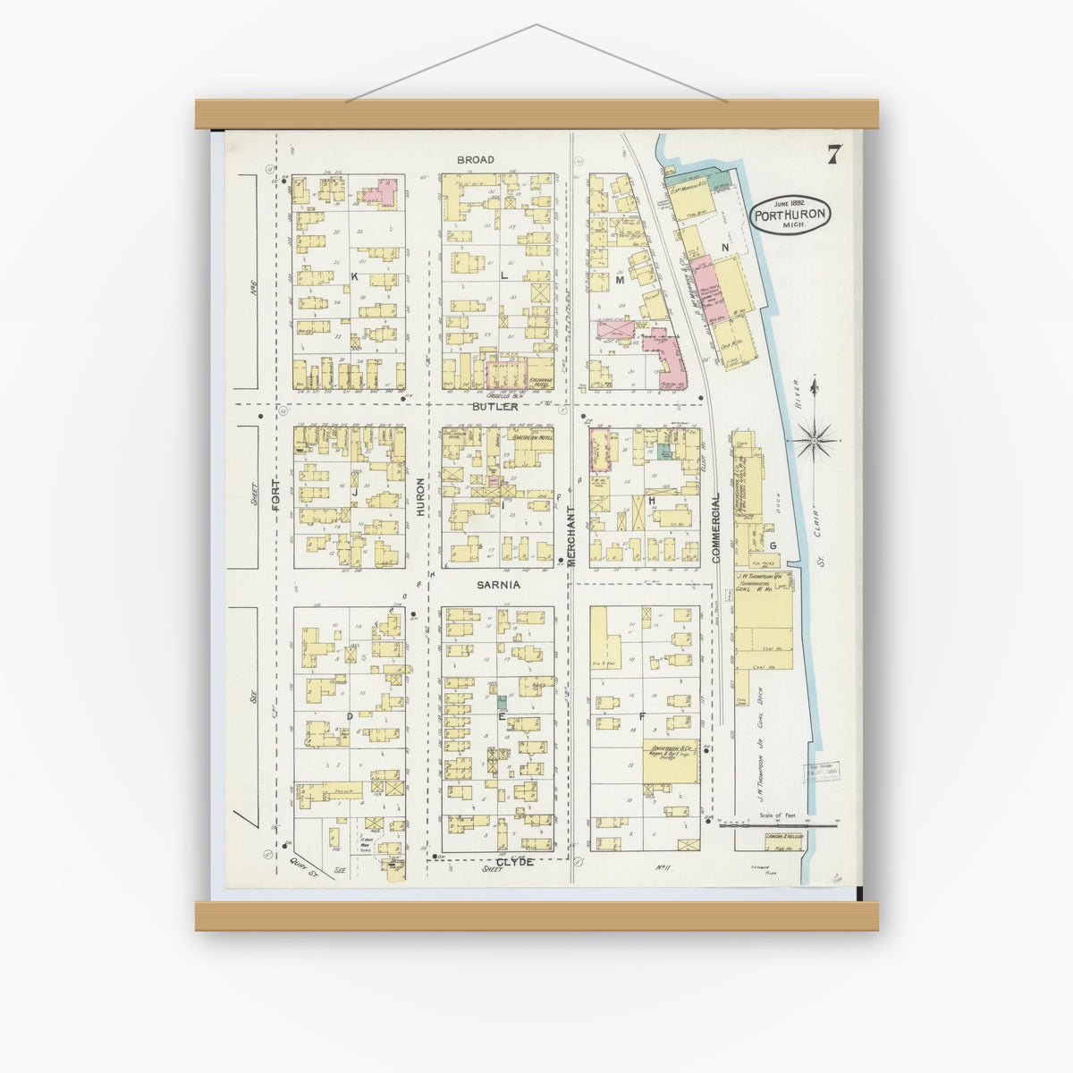 Old map wall art mockup — magnetic wood frame on white wall — Sanborn Fire Insurance Map from Port Huron, Saint Clair County, Michigan (1892), Sheet #0007