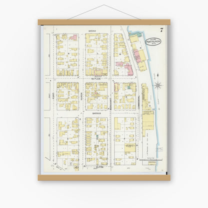 Old map wall art mockup — magnetic wood frame on white wall — Sanborn Fire Insurance Map from Port Huron, Saint Clair County, Michigan (1892), Sheet #0007