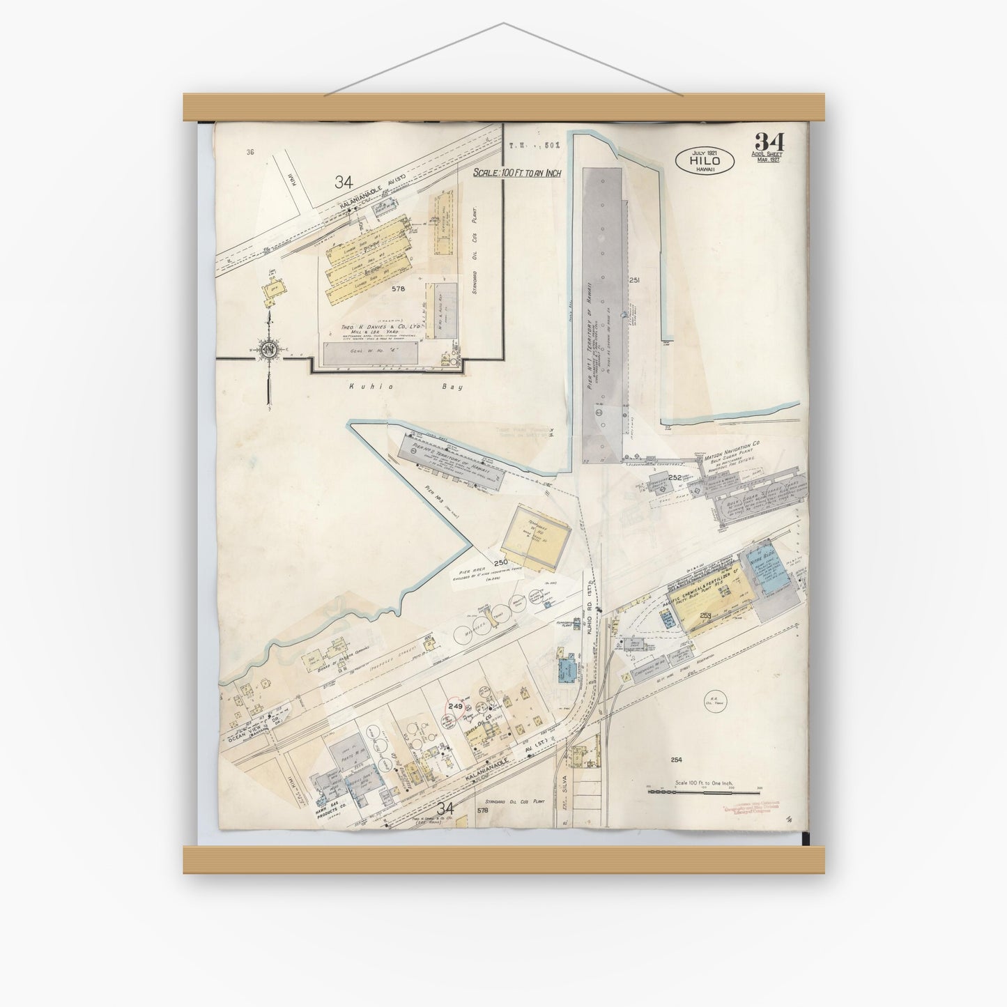 Old map wall art mockup — magnetic wood frame on white wall — Sanborn Fire Insurance Map from Hilo, Hawaii County, Hawaii (1957), Sheet #0034