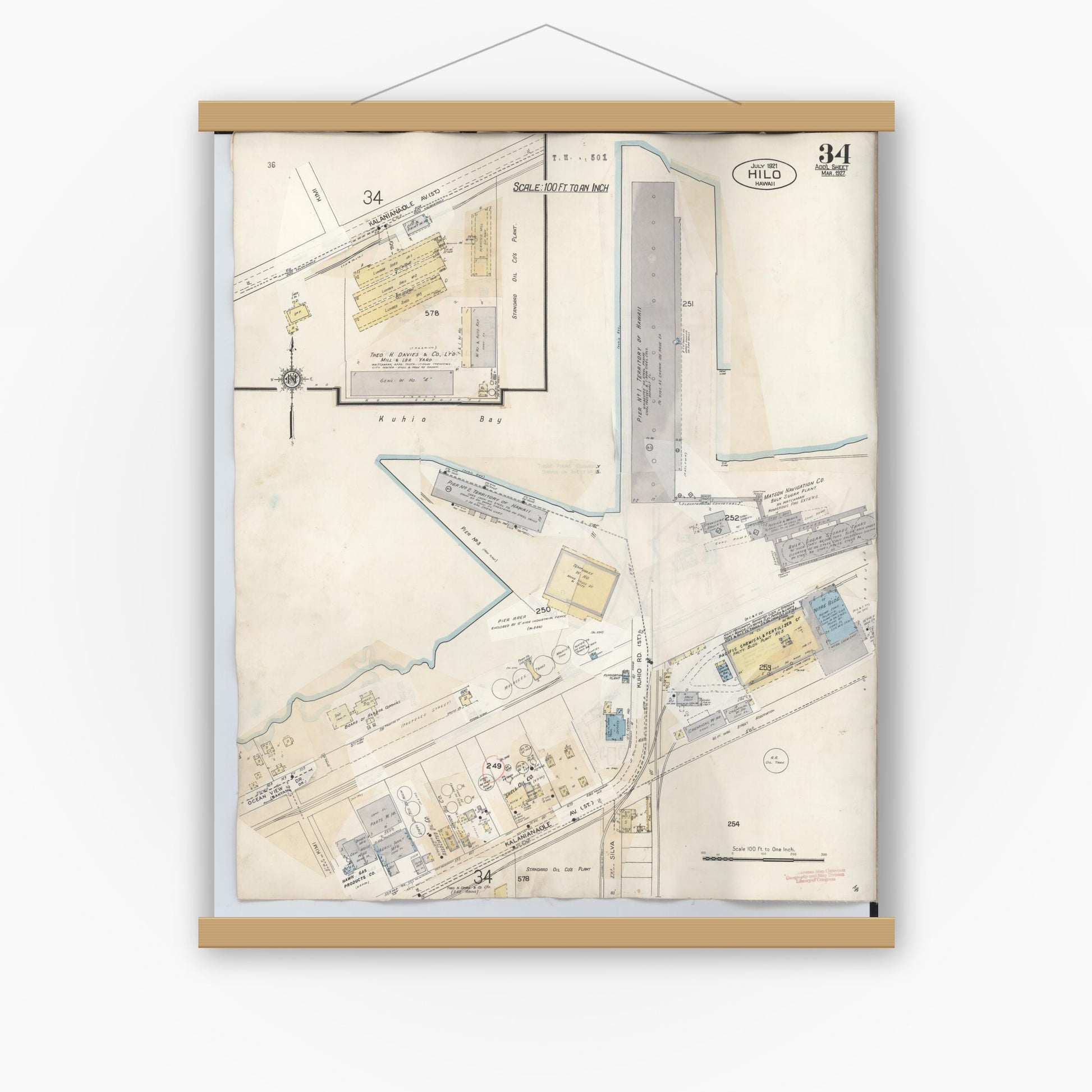 Old map wall art mockup — magnetic wood frame on white wall — Sanborn Fire Insurance Map from Hilo, Hawaii County, Hawaii (1957), Sheet #0034