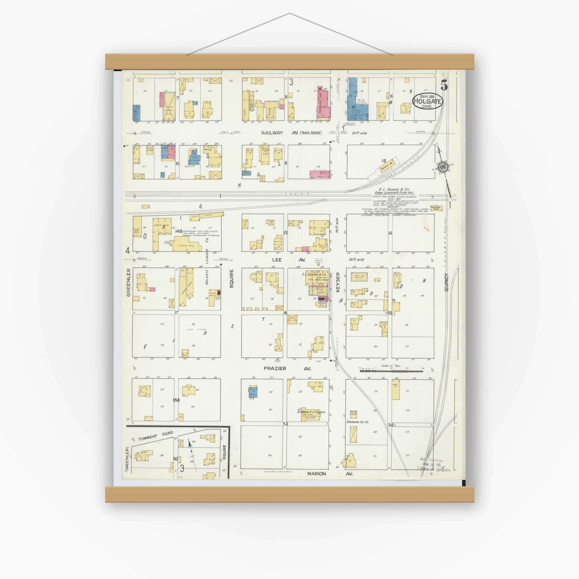 Old map wall art mockup — magnetic wood frame on white wall — Sanborn Fire Insurance Map from Holgate, Henry County, Ohio (1916), Sheet #0005