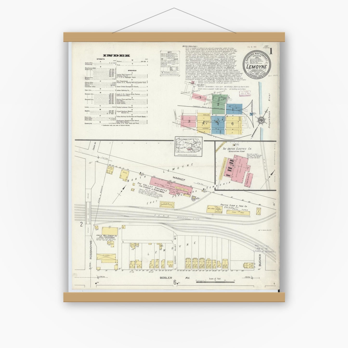 Old map wall art mockup — magnetic wood frame on white wall — Sanborn Fire Insurance Map from Lemoyne, Cumberland County, Pennsylvania (1913), Sheet #0001